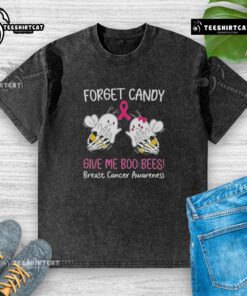 Original 'Forget Candy, Give Me Boo Bees' Breast Cancer Awareness washed t-shirt in pink, promoting breast cancer awareness.