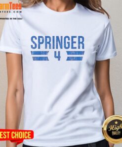 Alt Text: Original George Springer Toronto Blue Jays 2025 Number 4 Ladies Tee showcasing team spirit and style.