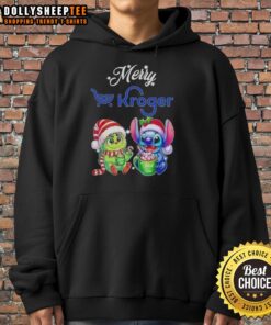 Original Grinch and Stitch X Kroger Merry Christmas hoodie design featuring festive characters and holiday cheer.