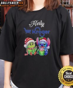 Original Grinch and Stitch X Kroger Merry Christmas ladies tee featuring festive graphics for holiday cheer.