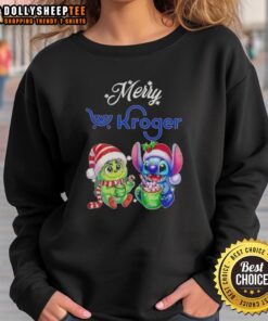 Alt Text: Original Grinch and Stitch X Kroger Merry Christmas sweatshirt design featuring festive graphics and holiday colors.