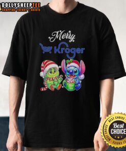 Alt Text: Original Grinch and Stitch X Kroger Merry Christmas T-Shirt featuring festive designs and vibrant colors for the holidays.