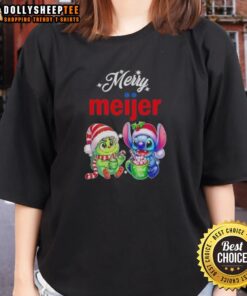 Original Grinch and Stitch X Meijer Merry Christmas ladies tee featuring festive graphics for holiday cheer.