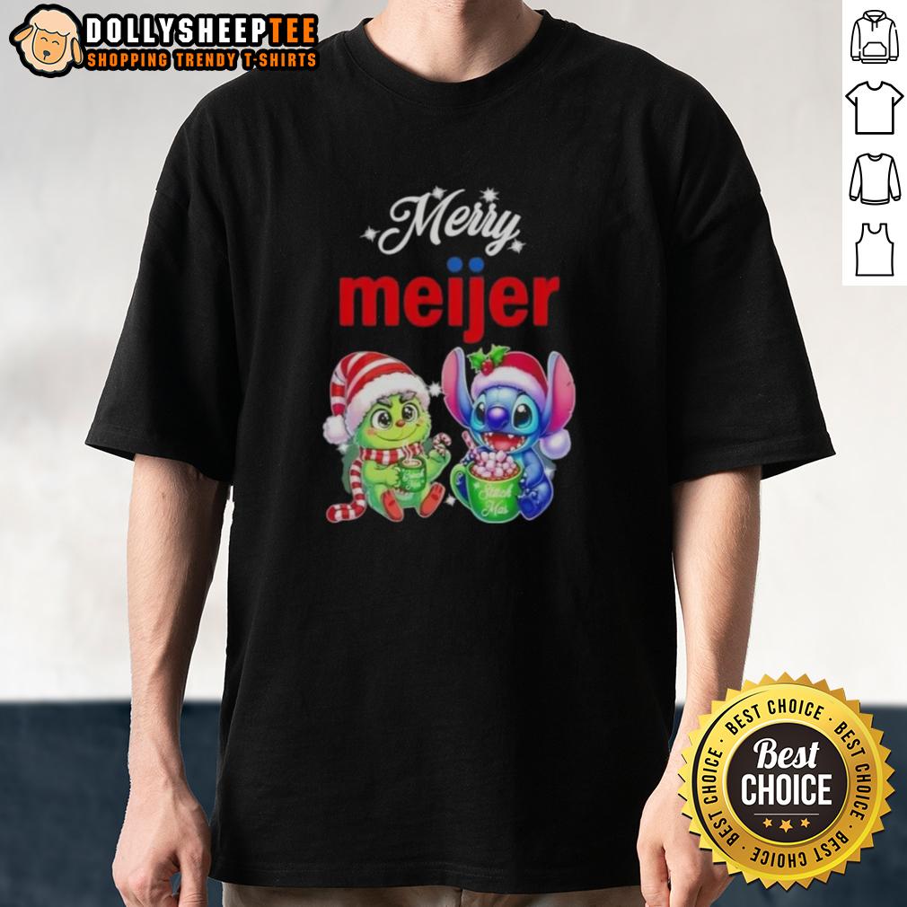 Original Grinch And Stitch X Meijer Merry Christmas T Shirt Alt Text: Original Grinch and Stitch X Meijer Merry Christmas T-Shirt featuring festive designs for holiday celebrations.