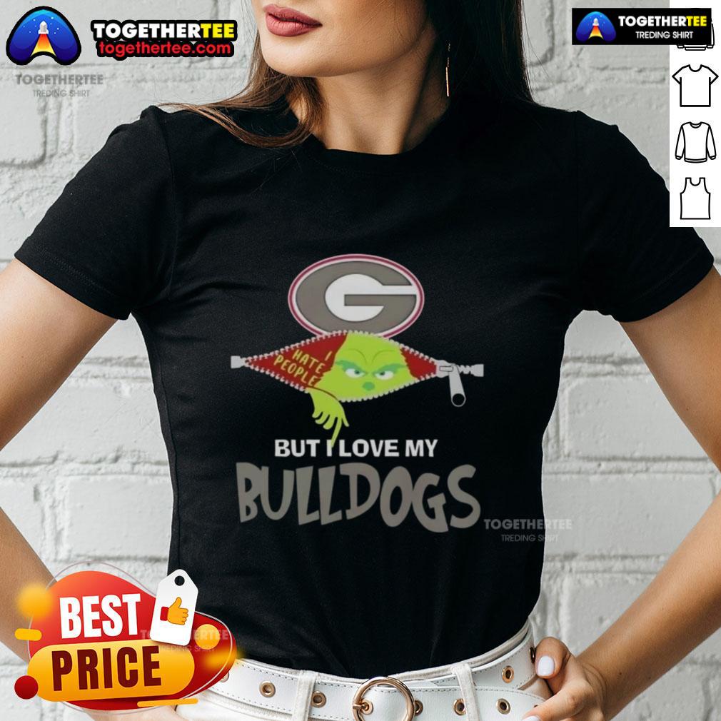 Original Grinch Christmas But I Love My Georgia Bulldogs Ladies Tee Original Grinch Christmas tee for ladies featuring Georgia Bulldogs design, perfect for holiday cheer and team spirit.