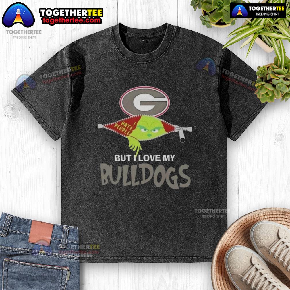 Original Grinch Christmas But I Love My Georgia Bulldogs Washed T Shirt Alt Text: Original Grinch Christmas t-shirt featuring Georgia Bulldogs design, perfect for holiday fans and sports enthusiasts.
