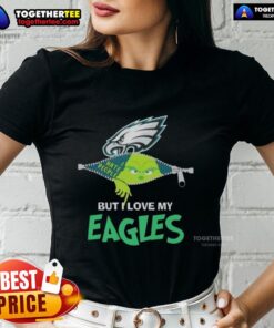 Original Grinch Christmas tee for ladies featuring Philadelphia Eagles design, perfect for holiday cheer and team spirit.