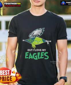 Original Grinch Christmas t-shirt featuring 'But I Love My Philadelphia Eagles' slogan, perfect for holiday fans.