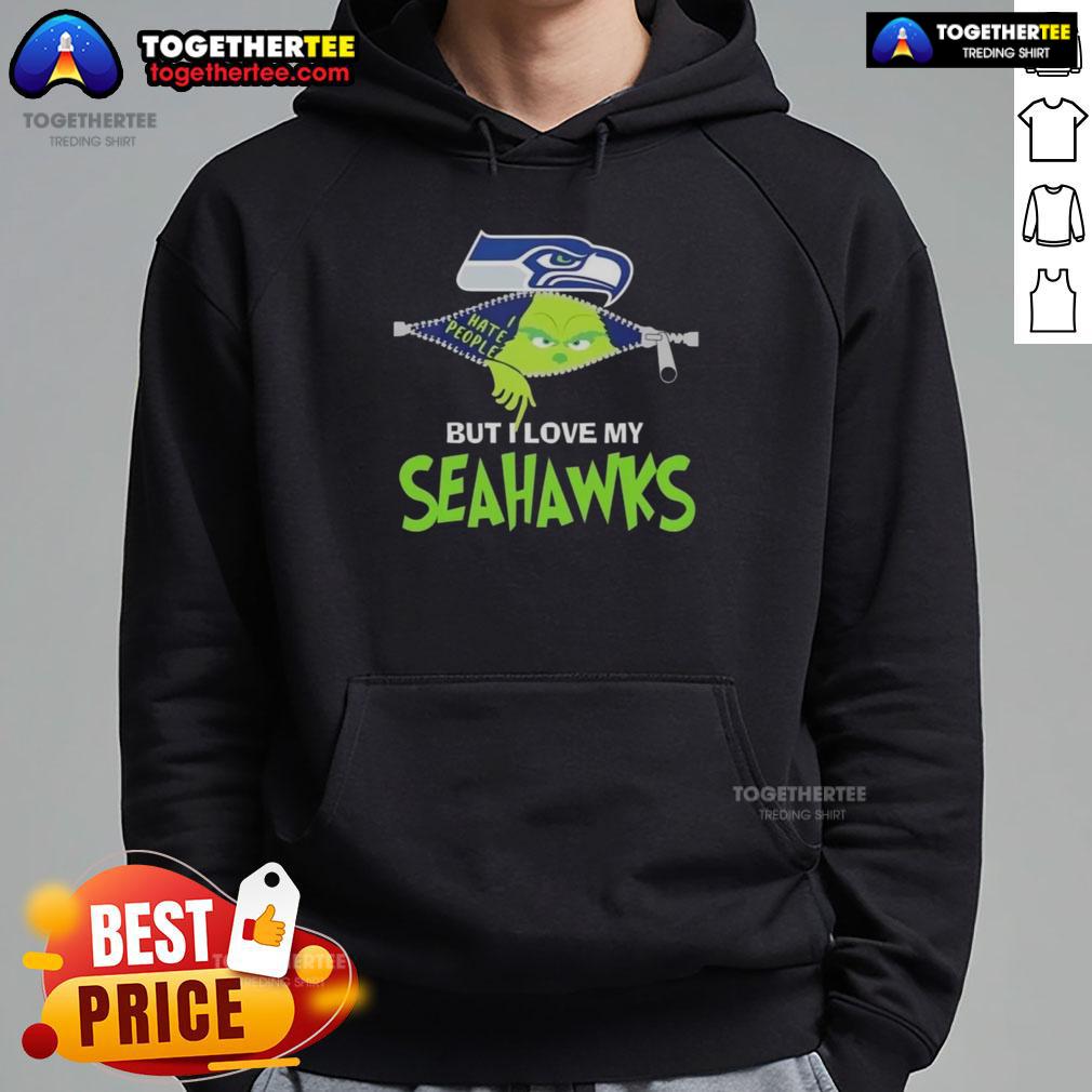 Original Grinch Christmas But I Love My Seattle Seahawks Hoodie Person in Original Grinch Christmas outfit wearing a Seattle Seahawks hoodie, celebrating holiday spirit and team pride.