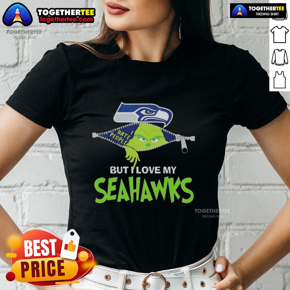 Original Grinch Christmas But I Love My Seattle Seahawks Ladies Tee Original Grinch Christmas tee for ladies featuring Seattle Seahawks design, perfect for festive game day cheer.