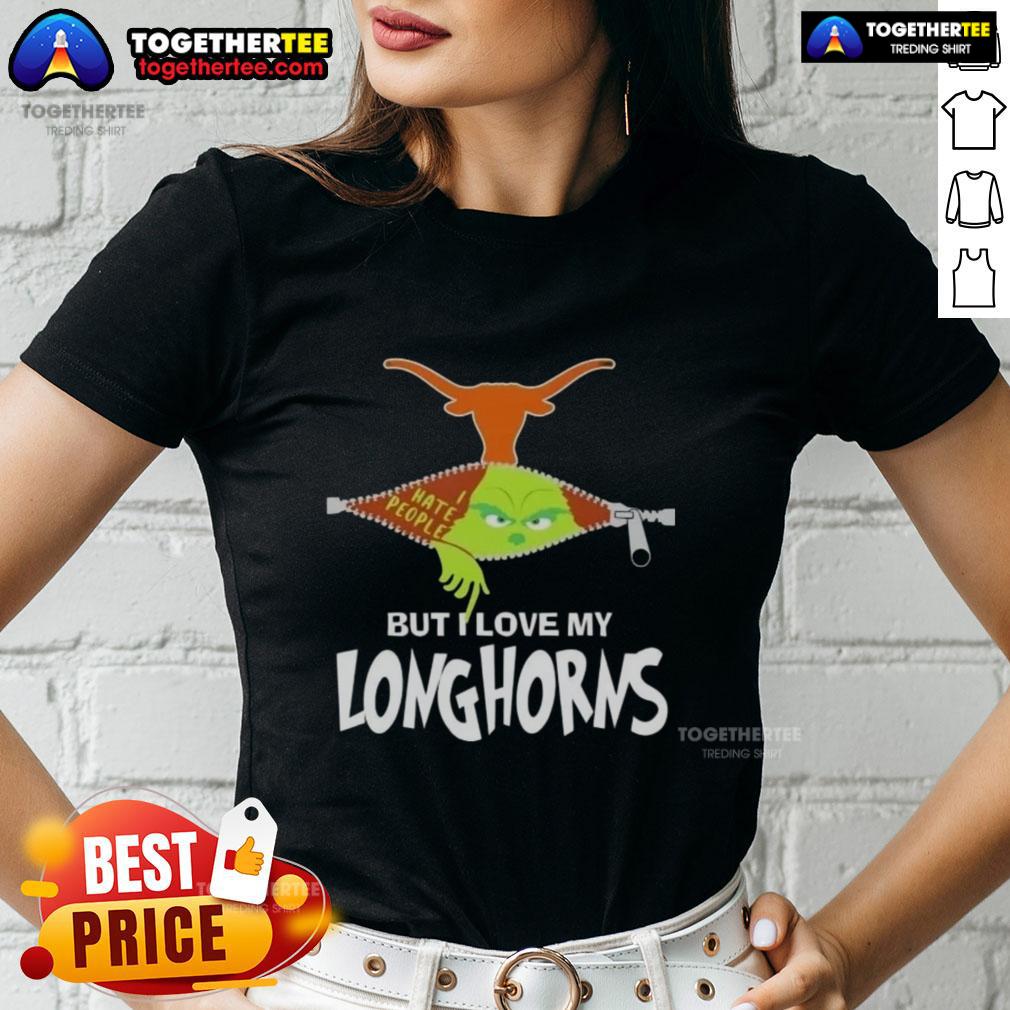 Original Grinch Christmas But I Love My Texas Longhorns Ladies Tee Alt Text: Original Grinch Christmas tee for ladies featuring Texas Longhorns design, perfect for holiday festivities.