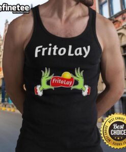 Original Grinch hands holding Frito Lay snacks on a festive Christmas tank top design for holiday cheer.