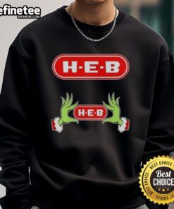 Original Grinch Hands Love H-E-B Christmas Sweatshirt featuring festive design and cozy fit for holiday celebrations.