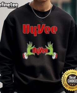 Original Grinch Hands Love Hy-Vee Christmas Sweatshirt featuring festive design perfect for holiday celebrations.