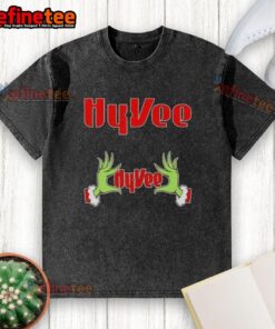 Original Grinch Hands Love Hy-Vee Christmas washed t-shirt featuring festive green design for holiday cheer.