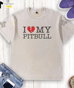 Alt Text: Original I Love My Pitbull Heart washed t-shirt featuring a stylish design for dog lovers and pitbull enthusiasts.