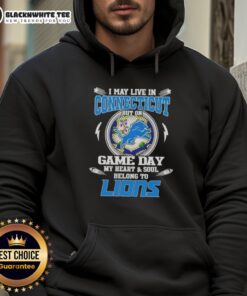 Detroit Lions hoodie with 'I May Live in Connecticut, But My Heart Belongs to Detroit' design, perfect for game day.