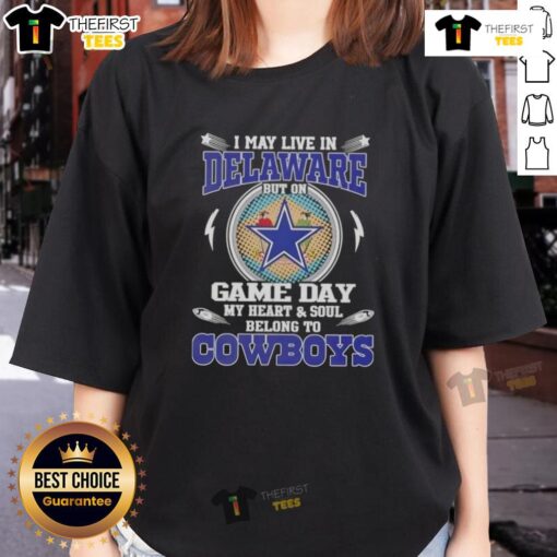 Delaware ladies tee featuring 'My heart and soul belongs to Dallas Cowboys football' for game day spirit.