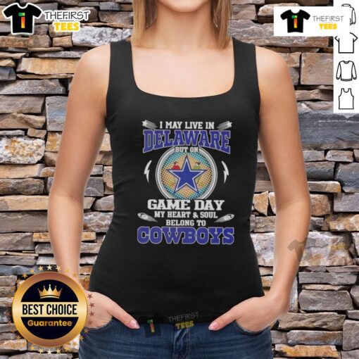 Woman wearing a Dallas Cowboys football tank top, showcasing her team spirit while living in Delaware on game day.