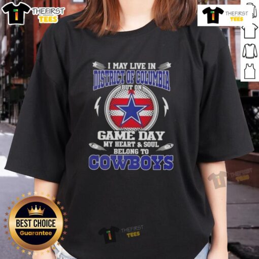 Stylish ladies tee featuring 'I may live in DC but my heart belongs to Dallas Cowboys' design for game day fans.