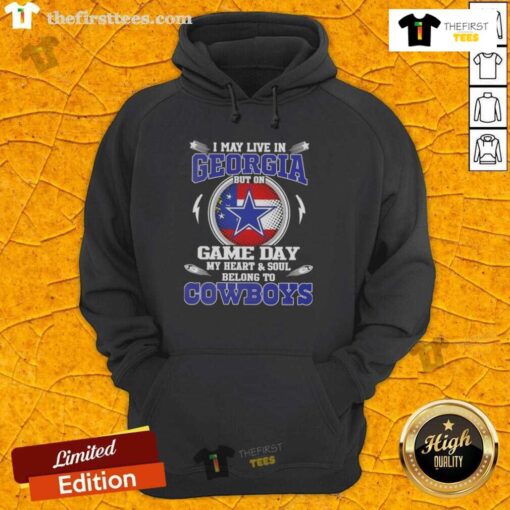 Cozy hoodie featuring 'I May Live In Georgia But My Heart Belongs To Dallas Cowboys' design, perfect for game day.