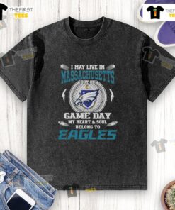 Alt Text: Washed t-shirt featuring 'My heart and soul belongs to Philadelphia Eagles' design, perfect for game day in Massachusetts.