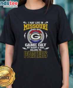Green Bay Packers ladies tee shirt with 'I May Live In Missouri But On Game Day My Heart Belongs To Green Bay' design.