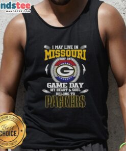 Alt Text: Green Bay Packers tank top with 'I may live in Missouri, but on game day my heart belongs to Packers' design.