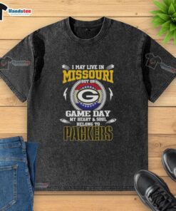Green Bay Packers washed t-shirt with 'I May Live In Missouri' design, perfect for game day fans.