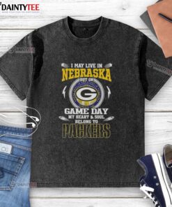 Green Bay Packers washed t-shirt with 'I May Live In Nebraska But My Heart Belongs To Green Bay Packers' design.