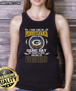 Green Bay Packers tank top with 'I May Live In Pennsylvania But My Heart Belongs To Green Bay' design.