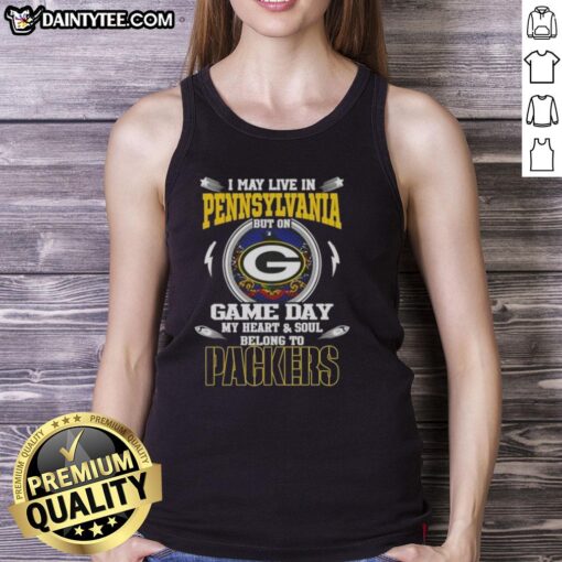 Green Bay Packers tank top with 'I May Live In Pennsylvania But My Heart Belongs To Green Bay' design.