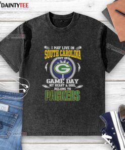 Green Bay Packers washed t-shirt with 'I may live in South Carolina, but on game day, my heart belongs to Packers' design.