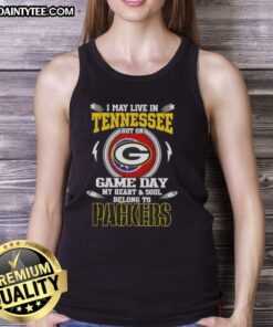Alt Text: Woman wearing 'I May Live In Tennessee But My Heart Belongs To Green Bay Packers' tank top on game day.