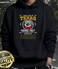 Alt Text: Green Bay Packers hoodie with 'I May Live In Texas But On Game Day My Heart Belongs To The Packers' design.