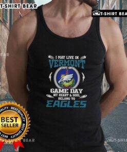 Alt Text: Vermont resident wearing a Philadelphia Eagles tank top, showcasing team spirit on game day.