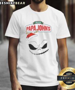Alt Text: Original Jack Skellington X Pizza Papa John's Merry Christmas T-Shirt featuring festive design and vibrant colors.