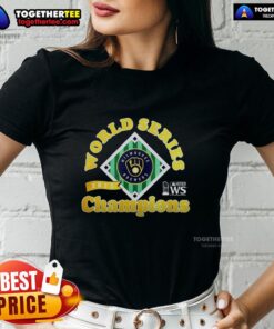 Alt Text: Original Milwaukee Brewers Baseball 2025 World Series Champions Trophy Logo on a ladies tee shirt.