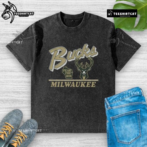 Original Milwaukee Bucks Fly By vintage washed t-shirt featuring classic logo and retro style for fans.