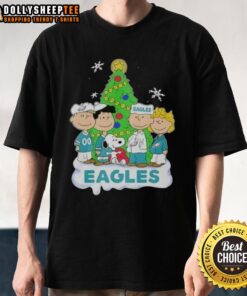 Original Peanuts Characters X Philadelphia Eagles Christmas T-Shirt featuring festive designs with iconic cartoon characters.
