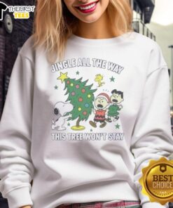 Original Peanuts Snoopy and Friends Jingle All The Way Christmas sweatshirt featuring festive designs and vibrant colors.