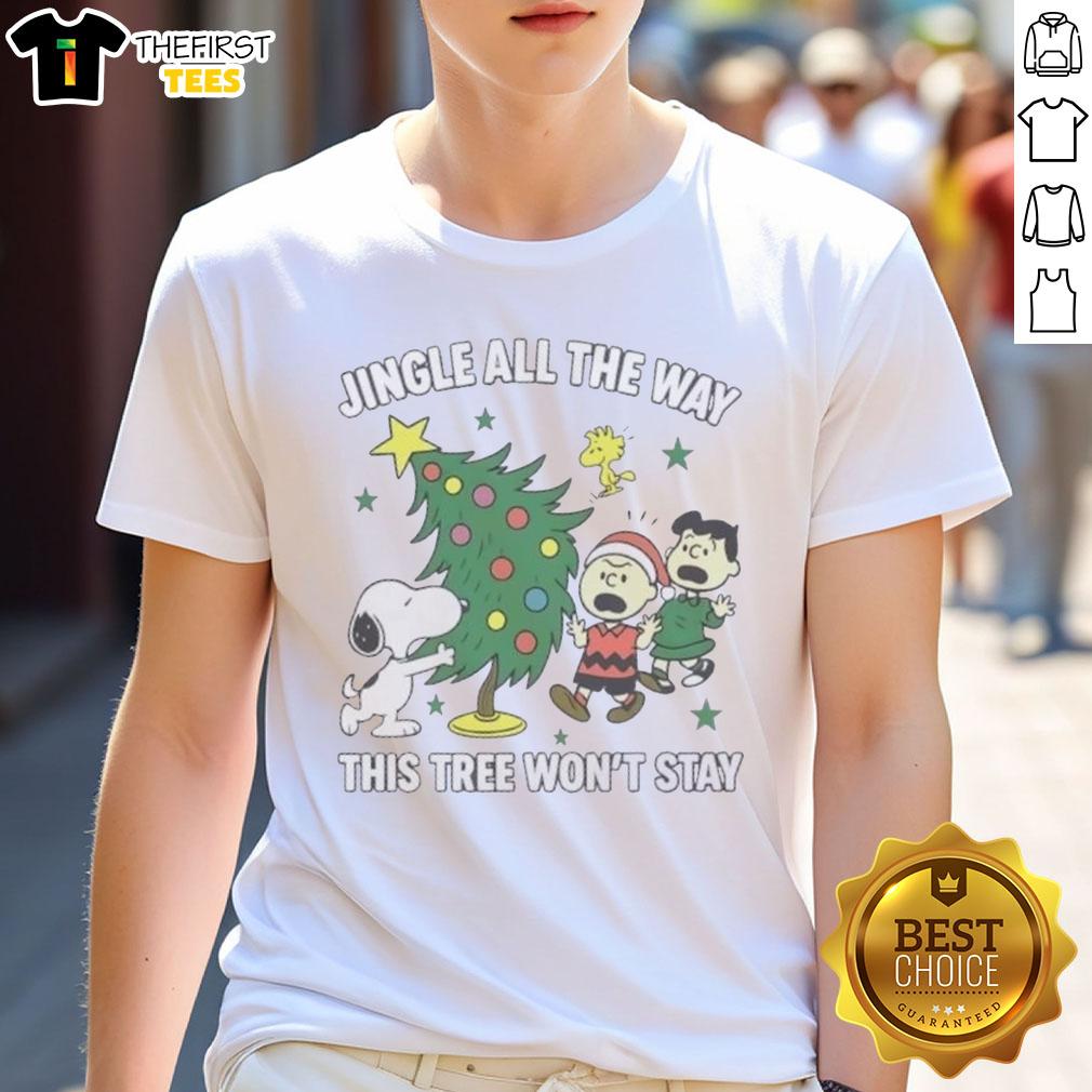 original-peanuts-snoopy-and-friends-jingle-all-the-way-this-tree-wont-stay-christmas-t-shirt-1 Original Peanuts Snoopy and Friends Christmas T-Shirt featuring 'Jingle All The Way' design with festive graphics.