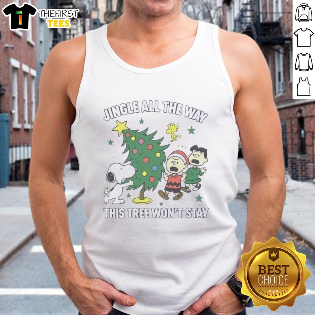original-peanuts-snoopy-and-friends-jingle-all-the-way-this-tree-wont-stay-christmas-tank-top Alt Text: Original Peanuts Snoopy and Friends Jingle All The Way tank top featuring festive Christmas design.