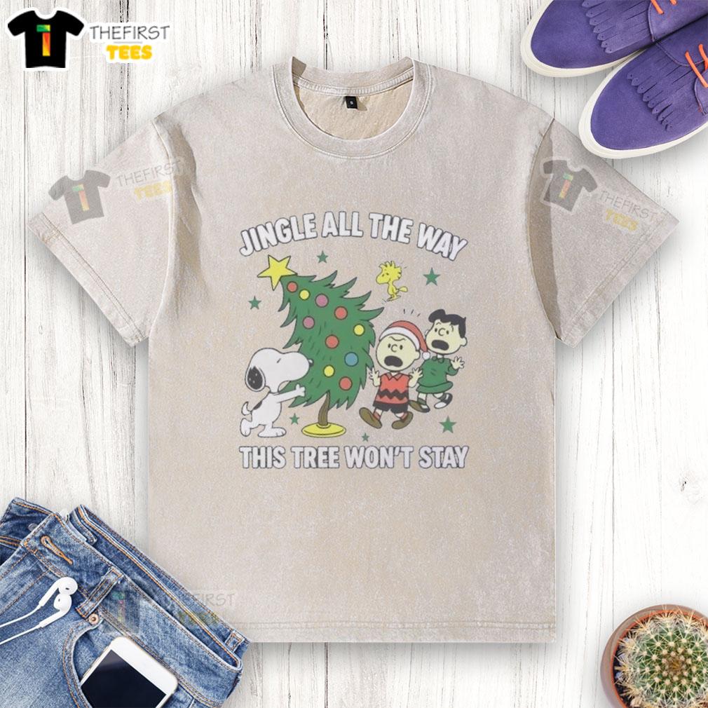 original-peanuts-snoopy-and-friends-jingle-all-the-way-this-tree-wont-stay-christmas-washed-t-shirt Original Peanuts Snoopy and Friends Jingle All The Way Christmas T-Shirt featuring festive designs and vibrant colors.