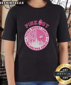 Philadelphia Eagles skyline ladies tee in pink, supporting breast cancer awareness with original design.