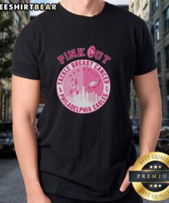 Alt Text: Original Pink Out Tackle Breast Cancer Philadelphia Eagles Skyline T-Shirt showcasing a vibrant design and team spirit.