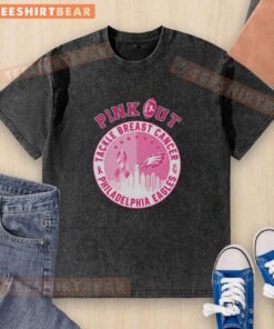 Original Pink Out Tackle Breast Cancer Philadelphia Eagles Skyline Washed T-Shirt featuring a vibrant skyline design.