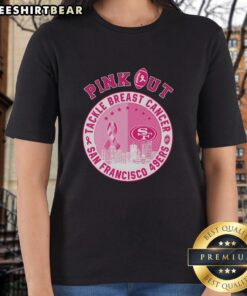 Original Pink Out Tackling Breast Cancer San Francisco 49ers Skyline Ladies Tee featuring team logo and vibrant design.