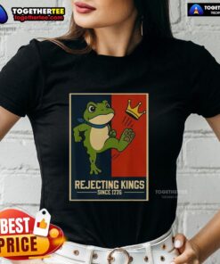 Alt Text: Original Rejecting Kings Since 1776 Portland Frog Ladies Tee featuring a playful frog graphic and vintage text design.