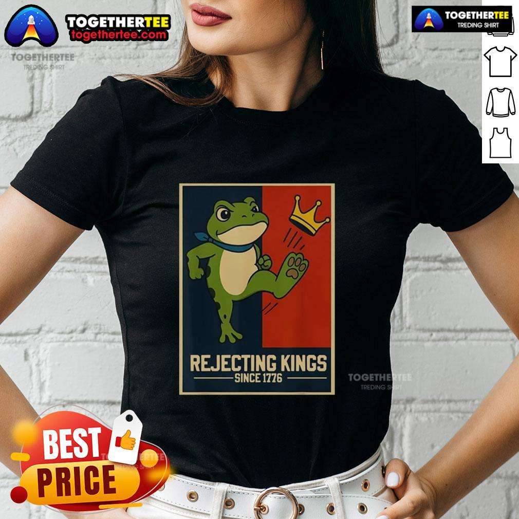 Original Rejecting Kings Since 1776 Portland Frog Ladies Tee Alt Text: Original Rejecting Kings Since 1776 Portland Frog Ladies Tee featuring a playful frog graphic and vintage text design.